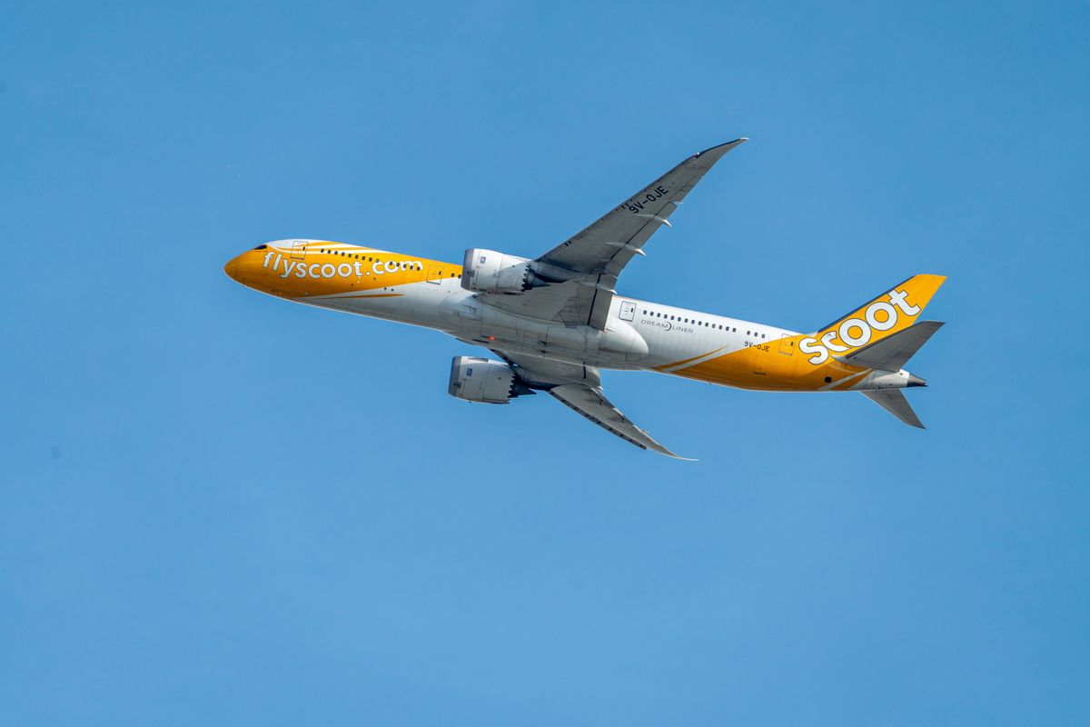 Scoot Boeing 787 Dreamliner soaring through a clear blue sky